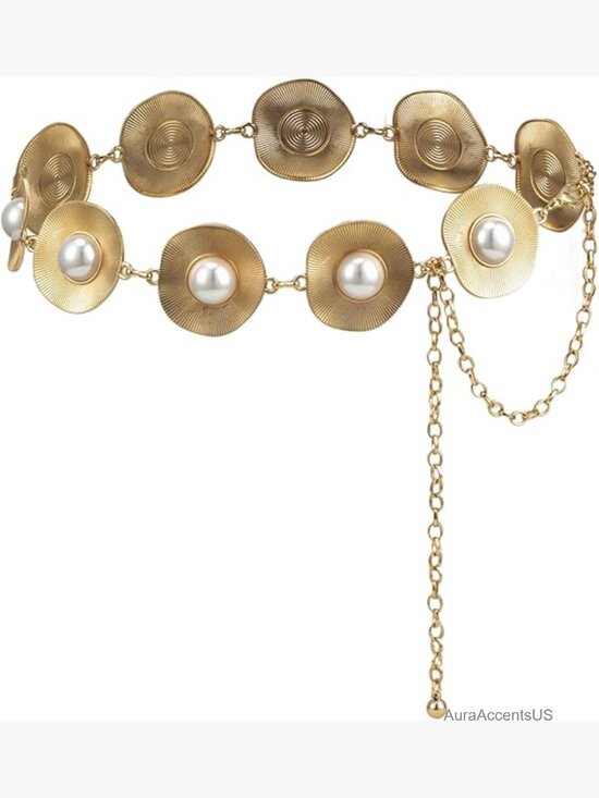 Accessories - Vintage Floral Gold Chain Belt - Hook & Loop Closure, Adjustable Waist